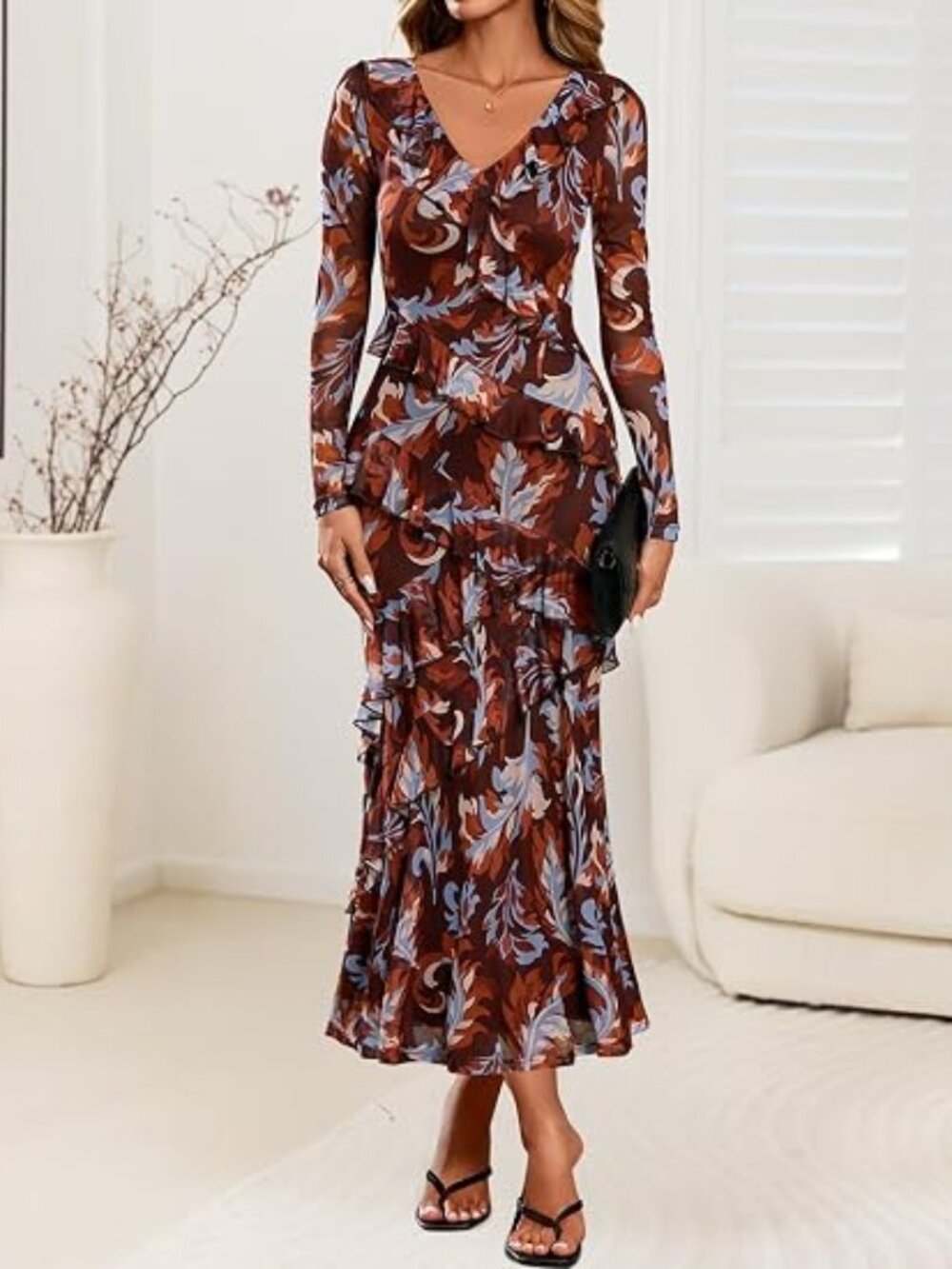 Wedding Guest Dresses for Women Fall Long Sleeve Floral Maxi Dress